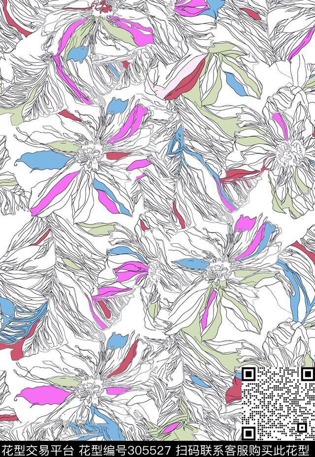 手绘细致描花多彩素雅传统印花华亿平台下载（图片编号: 305527） - 瓦栏（Walan）