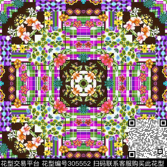 几何格纹花卉炫彩数码印花华亿平台下载（图片编号: 305552） - 瓦栏（Walan）