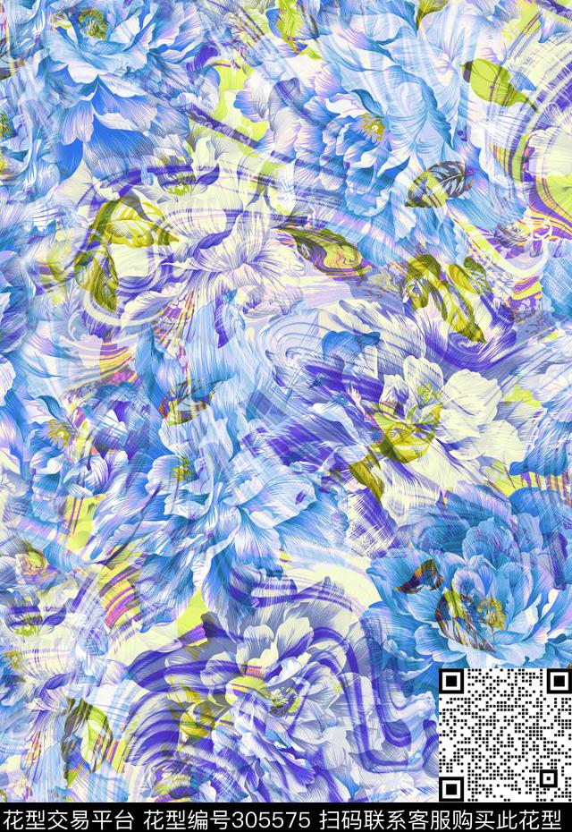 手绘水彩花灰晕染水波纹数码印花华亿平台下载（图片编号: 305575） - 瓦栏（Walan）