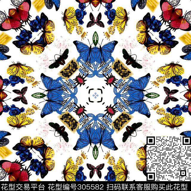 蝴蝶多彩对称数码印花华亿平台下载（图片编号: 305582） - 瓦栏（Walan）