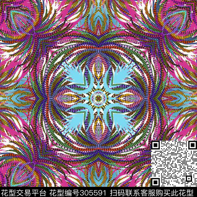 抽象花卉多彩对称数码印花华亿平台下载（图片编号: 305591） - 瓦栏（Walan）