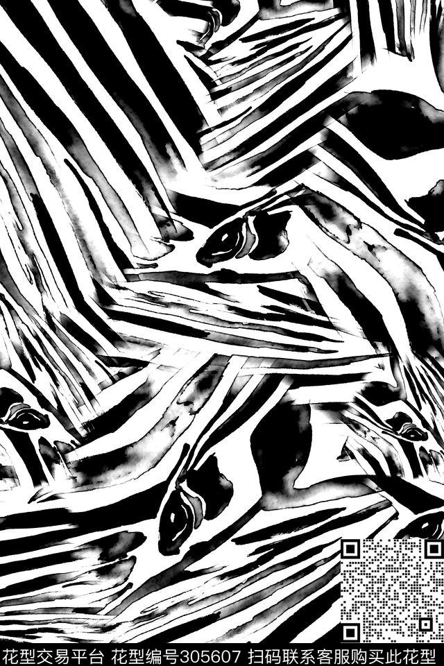 几何线条斑马纹黑白传统印花华亿平台下载（图片编号: 305607） - 瓦栏（Walan）