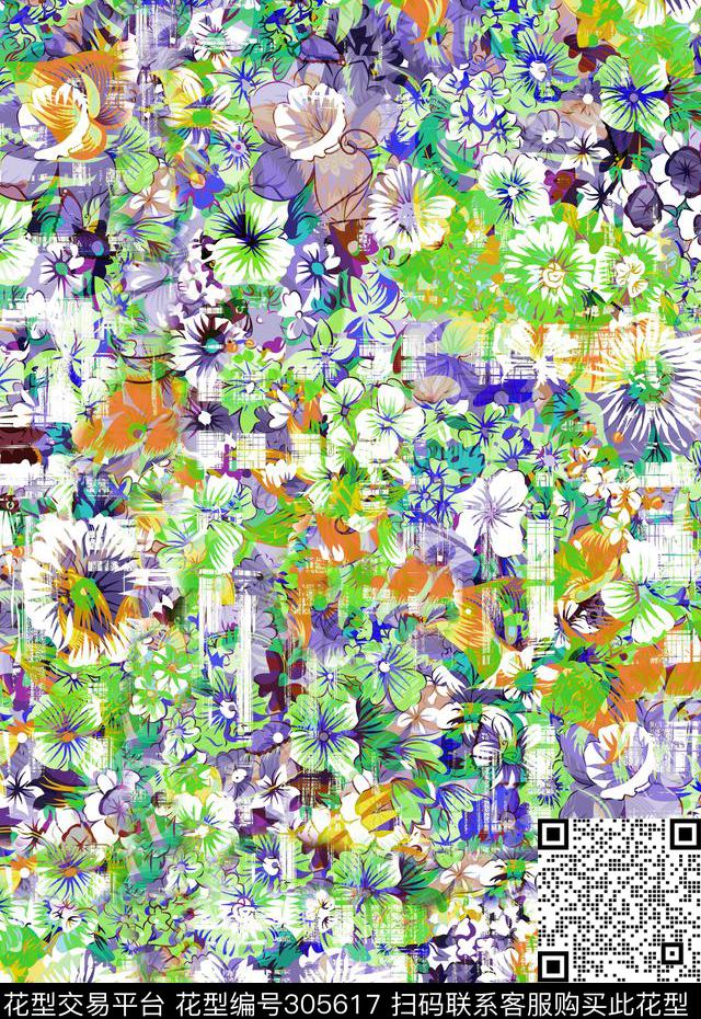 手绘水彩花卉多彩田园数码印花华亿平台下载（图片编号: 305617） - 瓦栏（Walan）