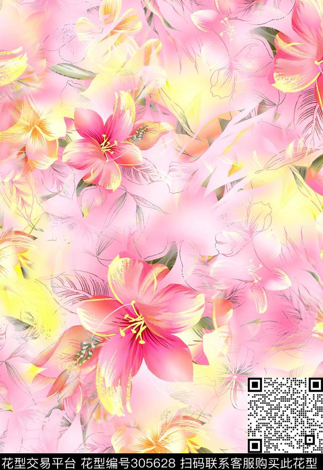 花卉休闲抽象数码印花华亿平台下载（图片编号: 305628） - 瓦栏（Walan）