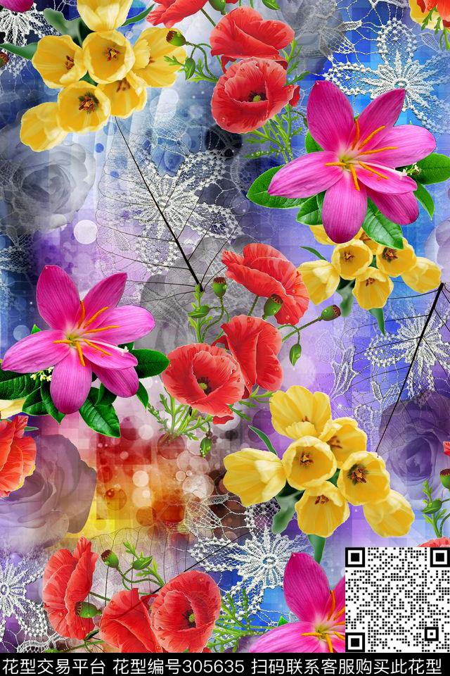 摄影写实花卉多彩晕染数码印花华亿平台下载（图片编号: 305635） - 瓦栏（Walan）