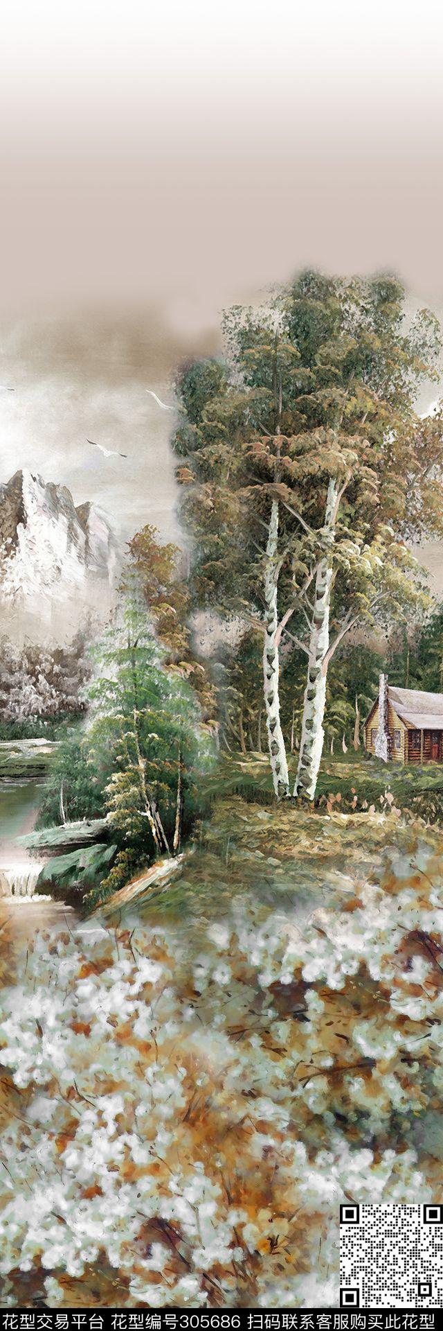 油画风景复古多彩数码印花华亿平台下载（图片编号: 305686） - 瓦栏（Walan）