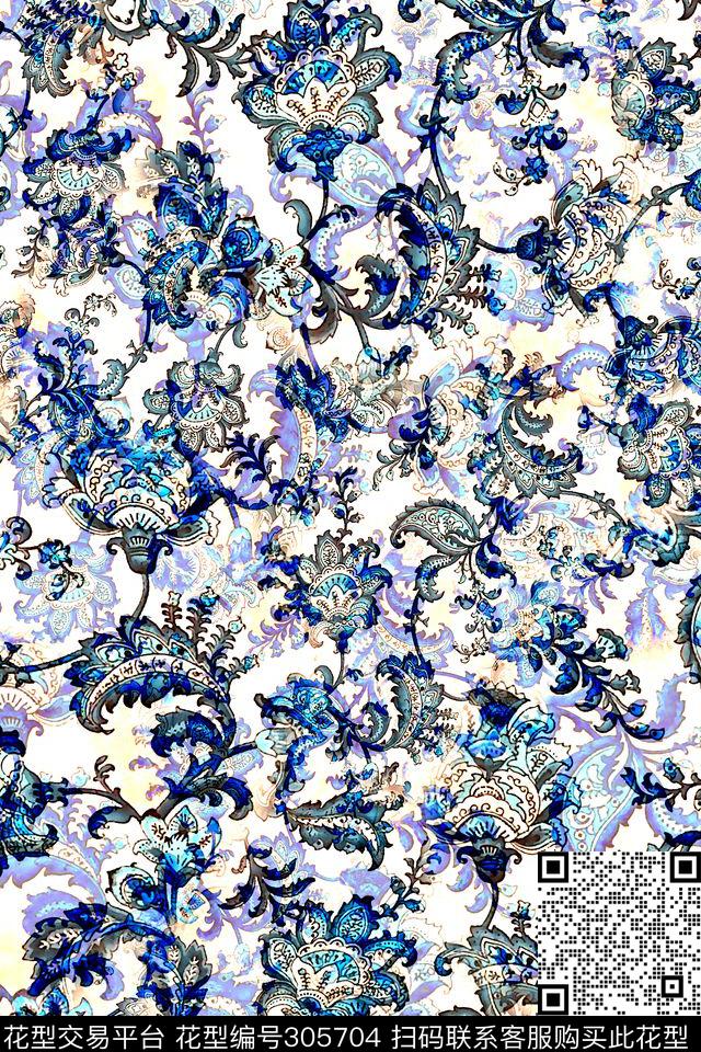 佩斯利涡旋纹古典花卉复古数码印花华亿平台下载（图片编号: 305704） - 瓦栏（Walan）