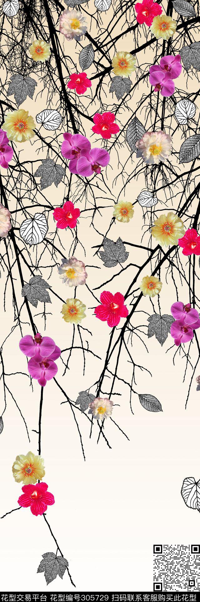 摄影写实花卉树枝多彩数码印花华亿平台下载（图片编号: 305729） - 瓦栏（Walan）