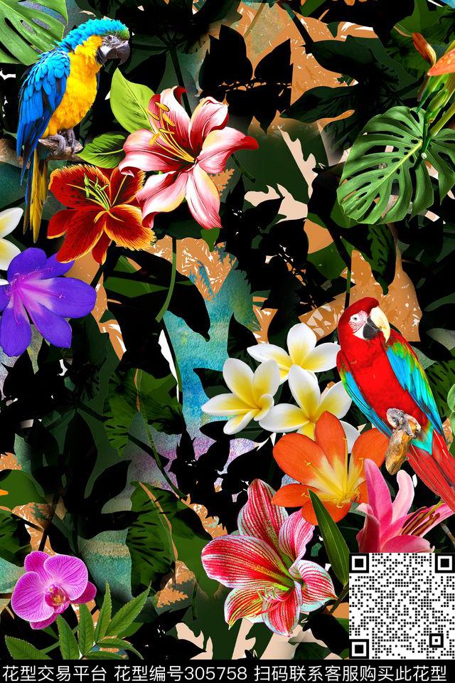 摄影写实花卉热带植物多彩数码印花华亿平台下载（图片编号: 305758） - 瓦栏（Walan）