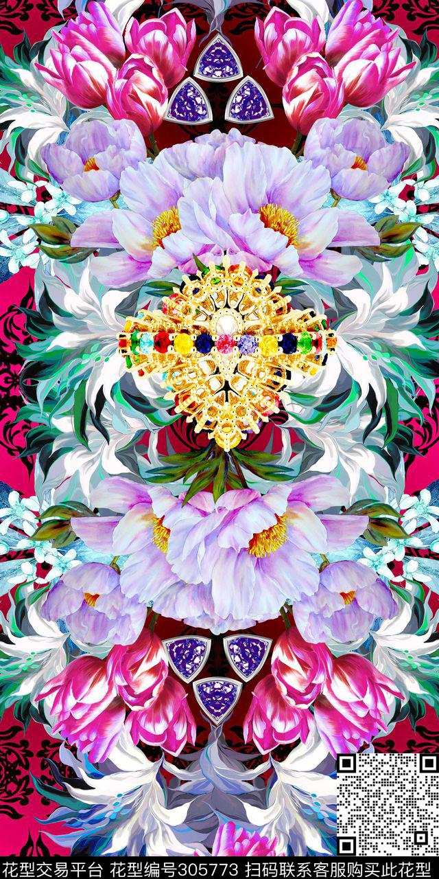 油画花卉多彩对称数码印花华亿平台下载（图片编号: 305773） - 瓦栏（Walan）
