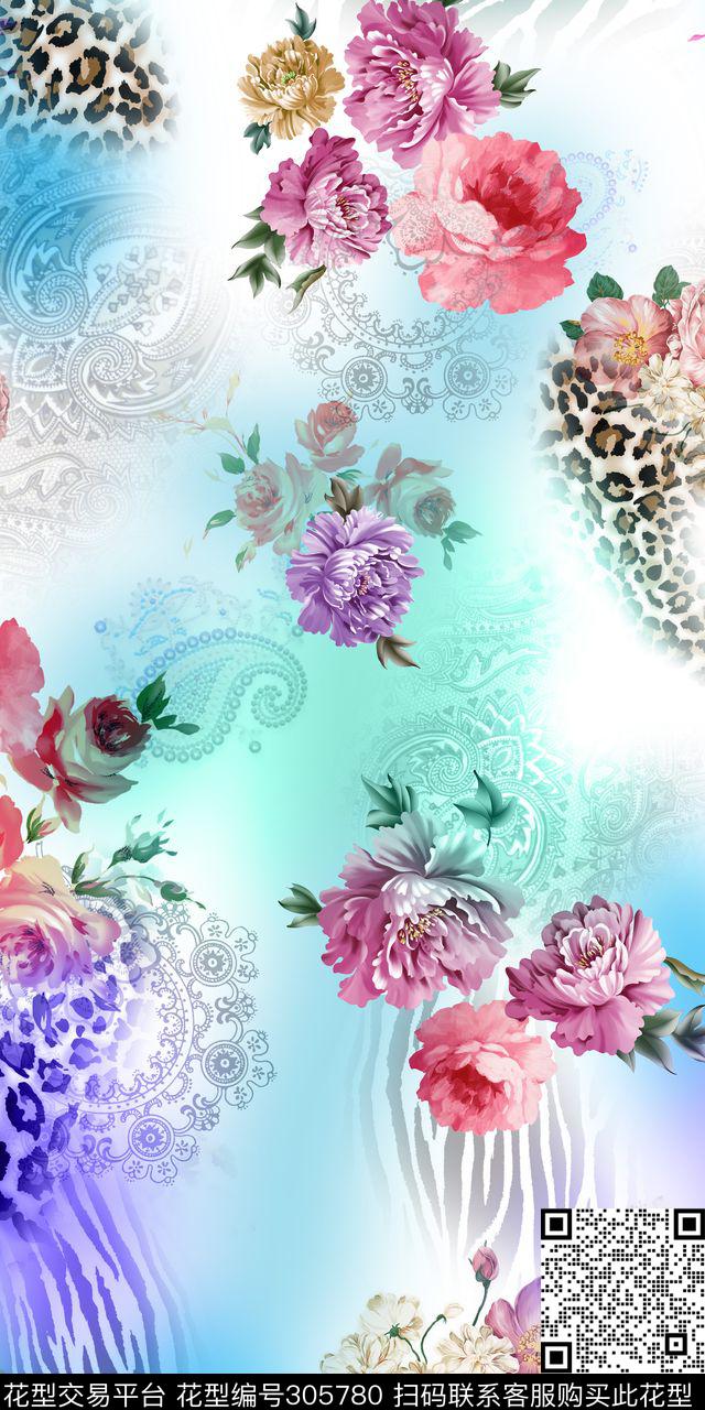 油画花卉欧式花纹豹纹数码印花华亿平台下载（图片编号: 305780） - 瓦栏（Walan）