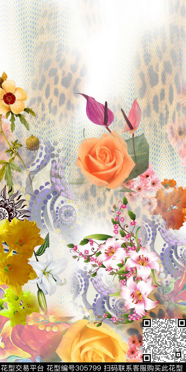 摄影写实花卉豹纹清新数码印花华亿平台下载（图片编号: 305799） - 瓦栏（Walan）