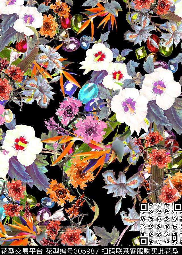 油画花卉多彩珠宝数码印花华亿平台下载（图片编号: 305987） - 瓦栏（Walan）