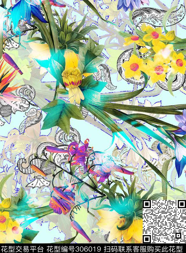 油画花卉炫彩佩斯利涡旋纹数码印花华亿平台下载（图片编号: 306019） - 瓦栏（Walan）