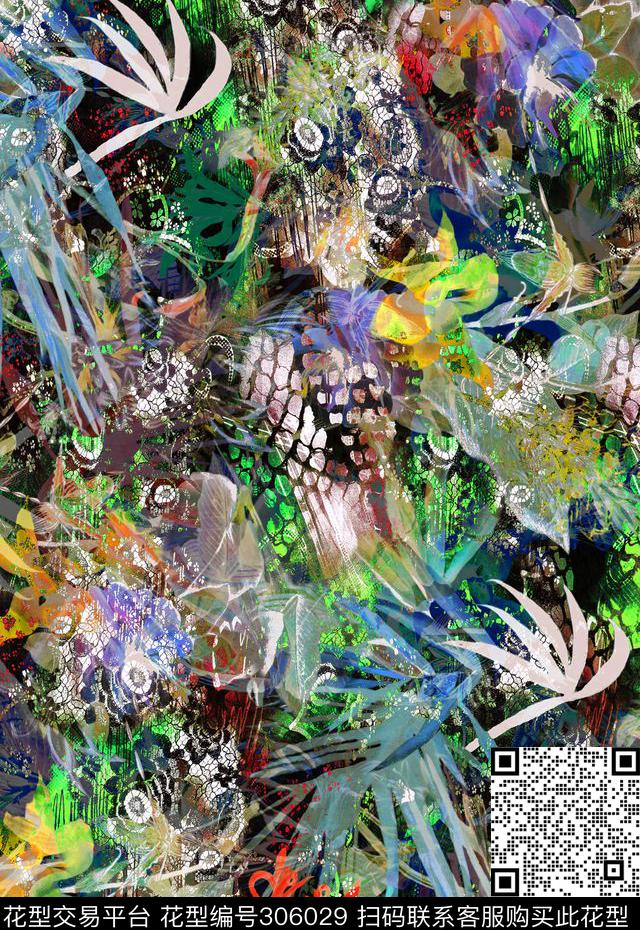 蛇纹蕾丝森林花卉数码印花华亿平台下载（图片编号: 306029） - 瓦栏（Walan）