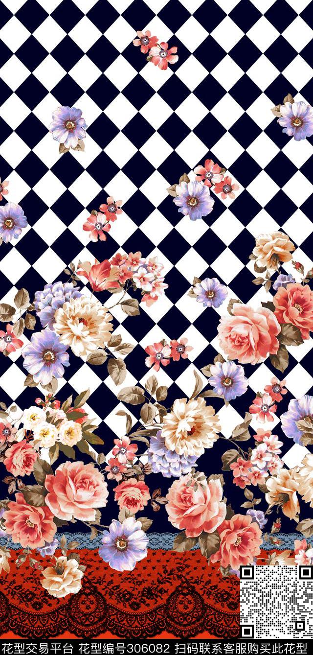 黑白几何菱格油画花卉条纹数码印花华亿平台下载（图片编号: 306082） - 瓦栏（Walan）