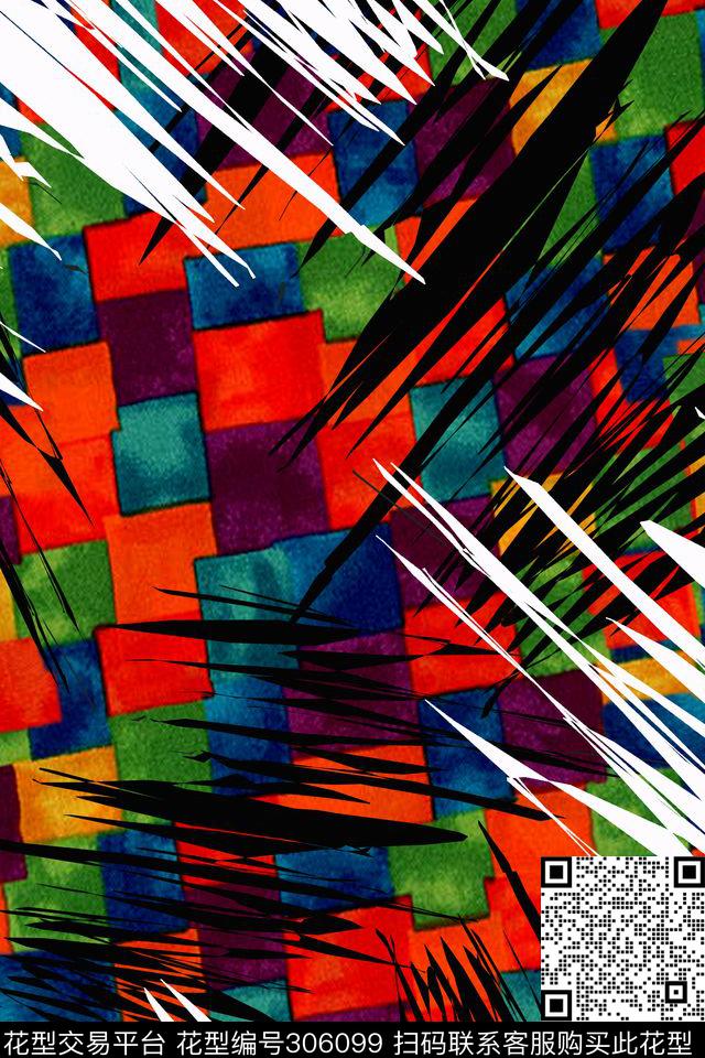 几何格子多彩涂鸦剪影数码印花华亿平台下载（图片编号: 306099） - 瓦栏（Walan）