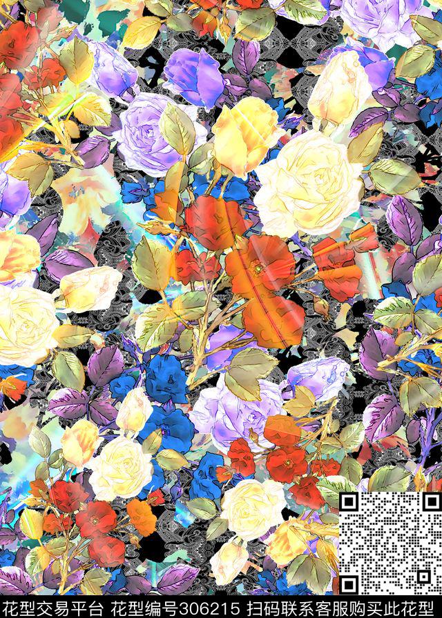 手绘水彩花卉多彩写意数码印花华亿平台下载（图片编号: 306215） - 瓦栏（Walan）