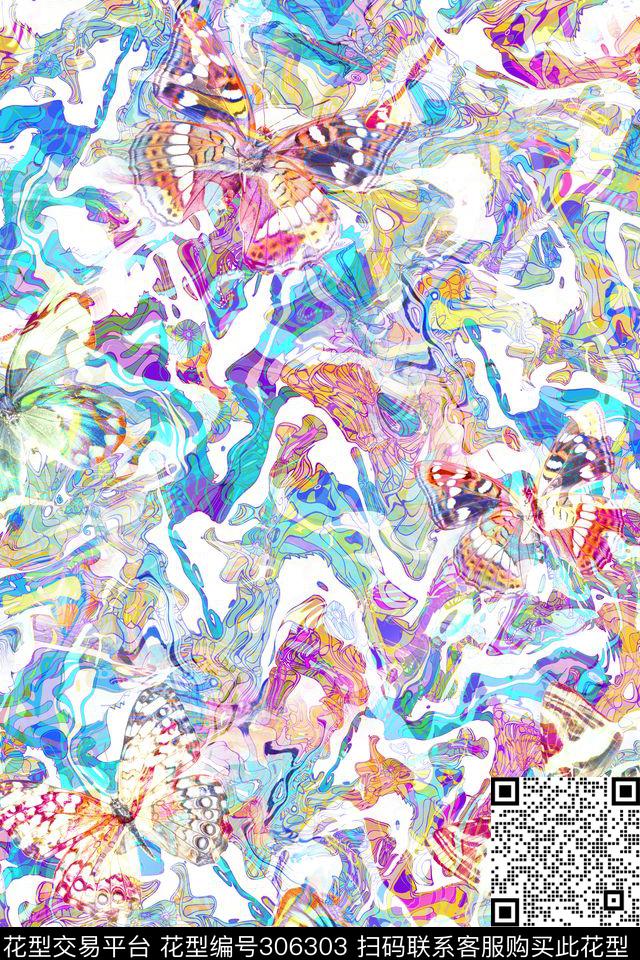 抽象蝴蝶条纹多彩数码印花华亿平台下载（图片编号: 306303） - 瓦栏（Walan）