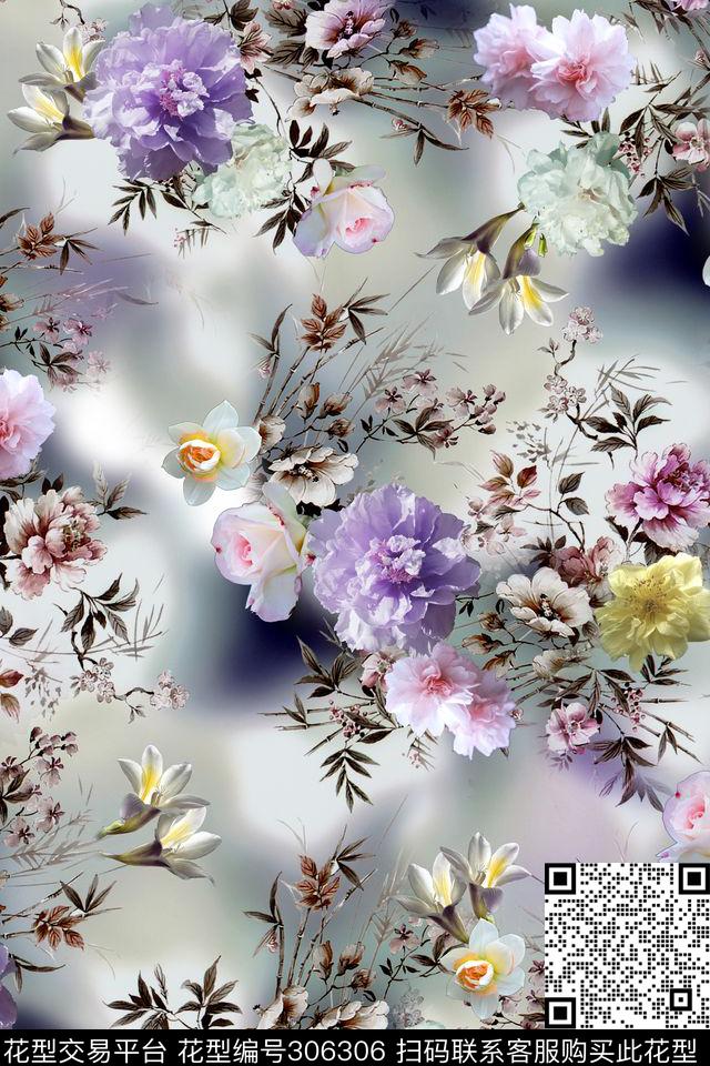 素雅云纹牡丹数码印花华亿平台下载（图片编号: 306306） - 瓦栏（Walan）