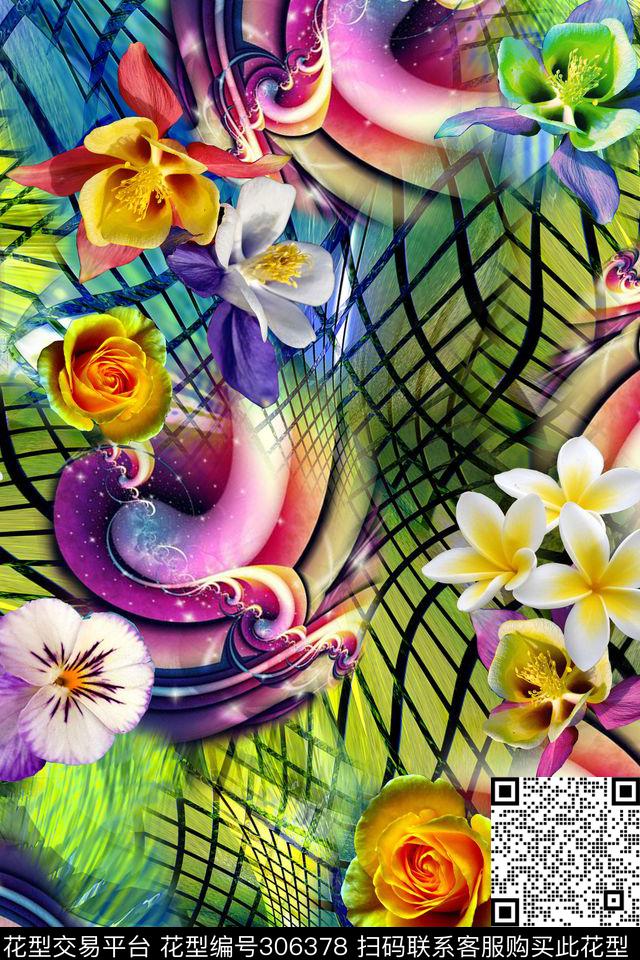 几何线条摄影写实花卉多彩光感数码印花华亿平台下载（图片编号: 306378） - 瓦栏（Walan）