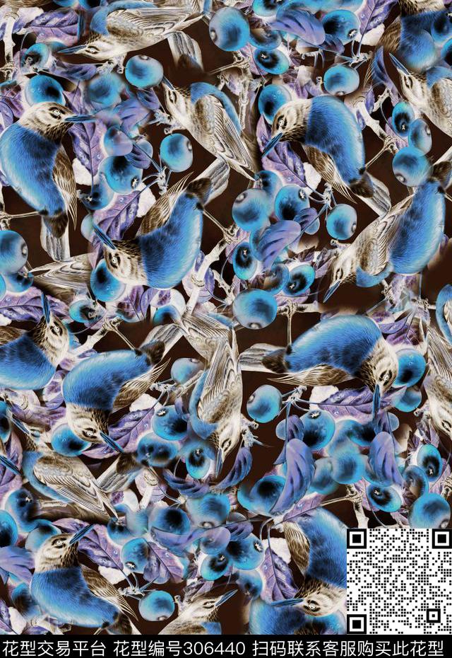 抽象森林花鸟蓝莓数码印花华亿平台下载（图片编号: 306440） - 瓦栏（Walan）
