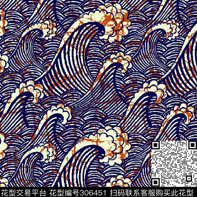 波涛纹复古手绘水彩传统印花华亿平台下载（图片编号: 306451） - 瓦栏（Walan）