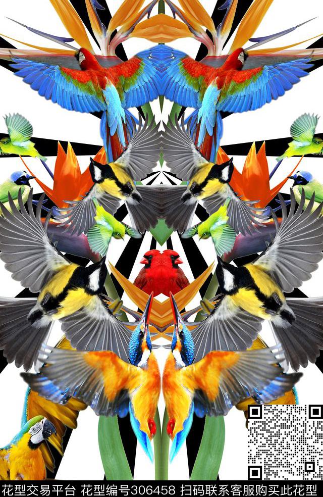 油画花鸟波普风几何黑白条数码印花华亿平台下载（图片编号: 306458） - 瓦栏（Walan）