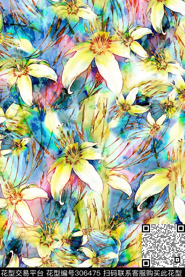 手绘水彩花卉炫彩组合清新数码印花华亿平台下载（图片编号: 306475） - 瓦栏（Walan）