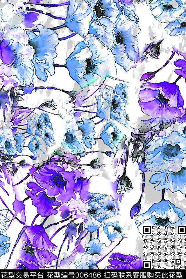 手绘水彩花卉清新唯美数码印花华亿平台下载（图片编号: 306486） - 瓦栏（Walan）