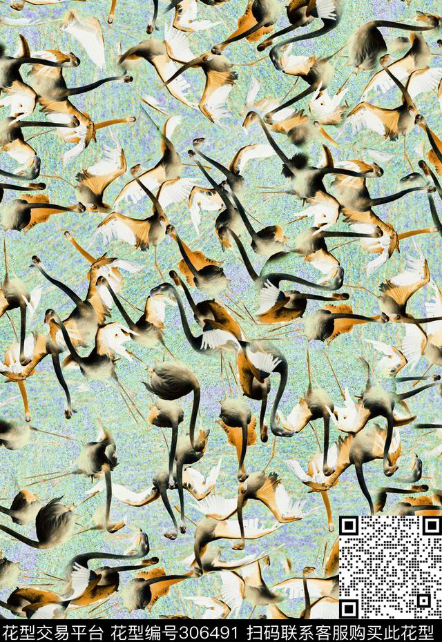 手绘水彩小鸟丹顶鹤写实数码印花华亿平台下载（图片编号: 306491） - 瓦栏（Walan）