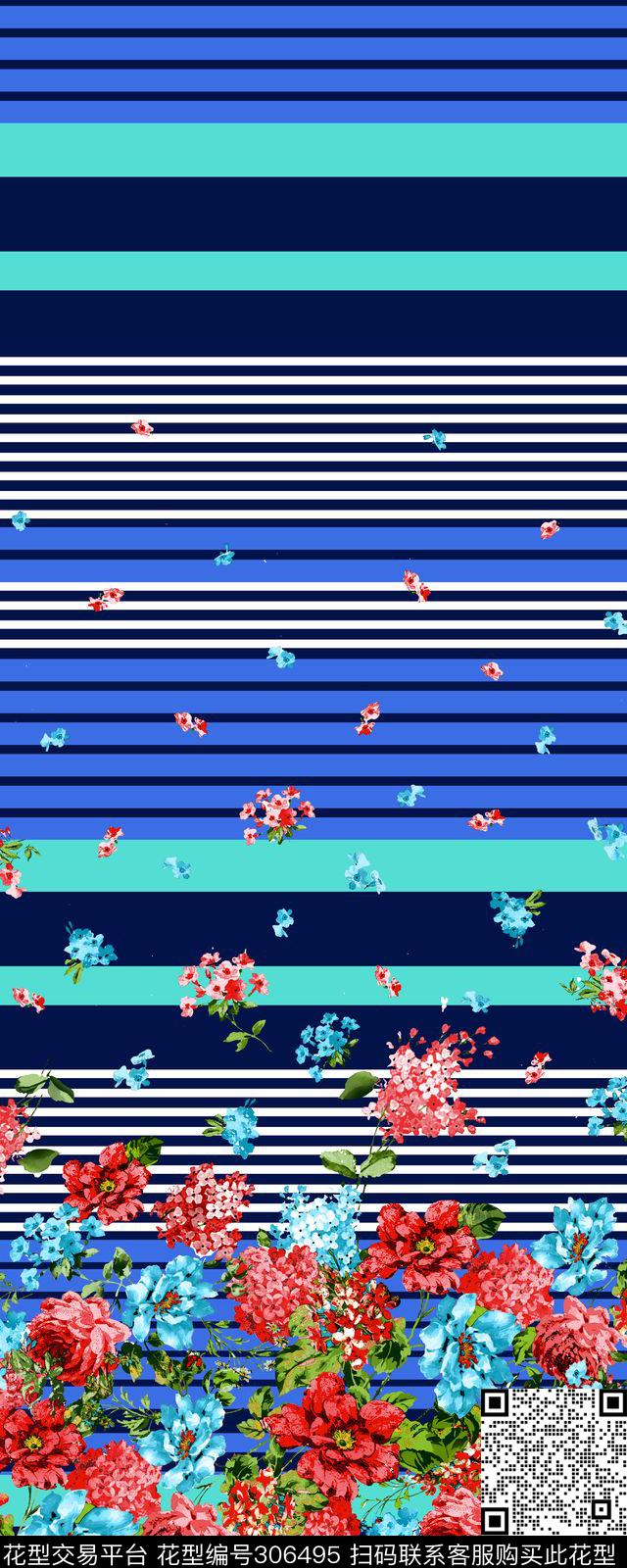 几何横条纹花卉多彩数码印花华亿平台下载（图片编号: 306495） - 瓦栏（Walan）