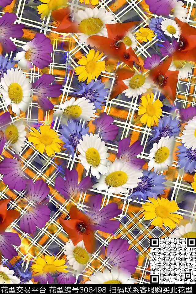 几何方格花卉雏菊数码印花华亿平台下载（图片编号: 306498） - 瓦栏（Walan）
