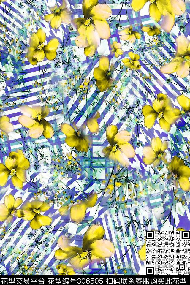 手绘水彩花卉几何线条清新唯美数码印花华亿平台下载（图片编号: 306505） - 瓦栏（Walan）