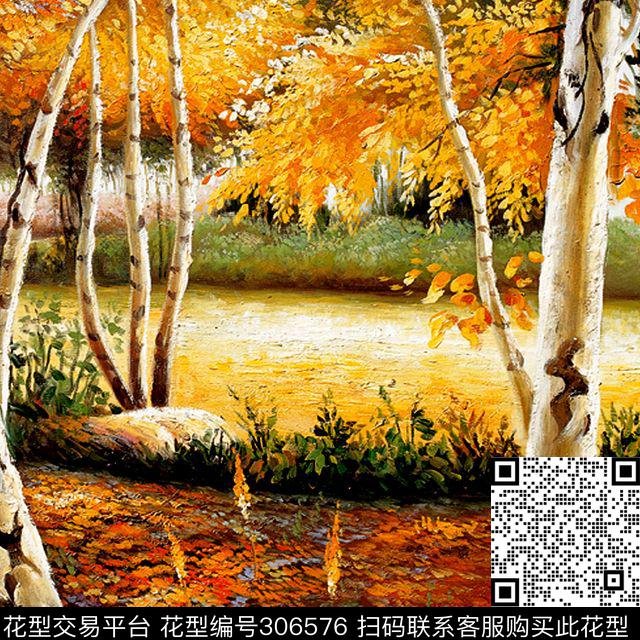 油画风景树林秋色数码印花华亿平台下载（图片编号: 306576） - 瓦栏（Walan）