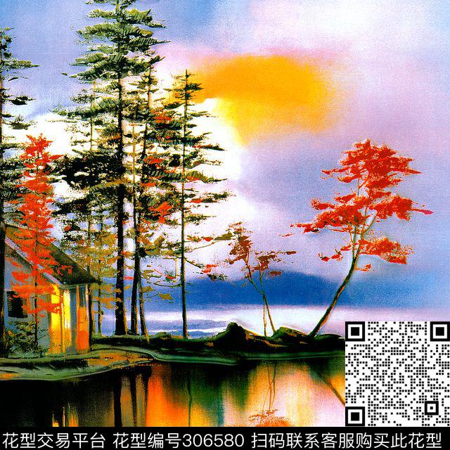 油画风景湖泊小岛秋色夕阳数码印花华亿平台下载（图片编号: 306580） - 瓦栏（Walan）