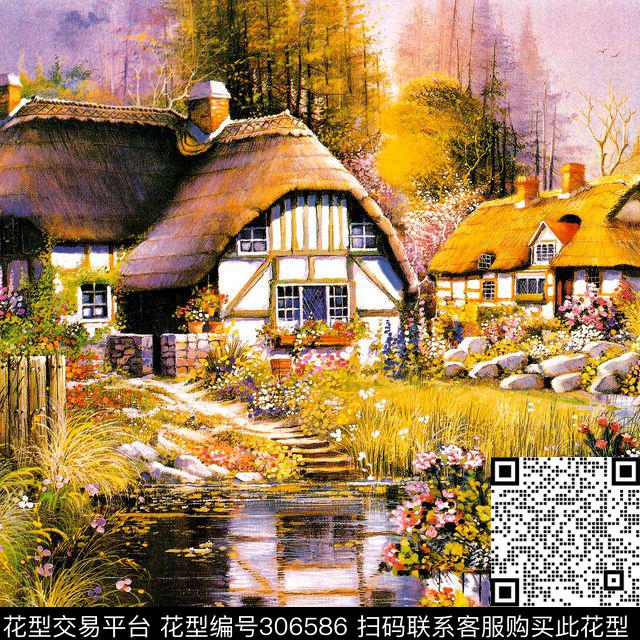 油画建筑村落唯美数码印花华亿平台下载（图片编号: 306586） - 瓦栏（Walan）