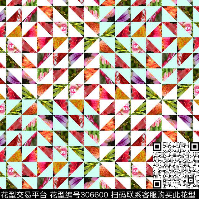 几何图形多彩拼贴花卉数码印花华亿平台下载（图片编号: 306600） - 瓦栏（Walan）