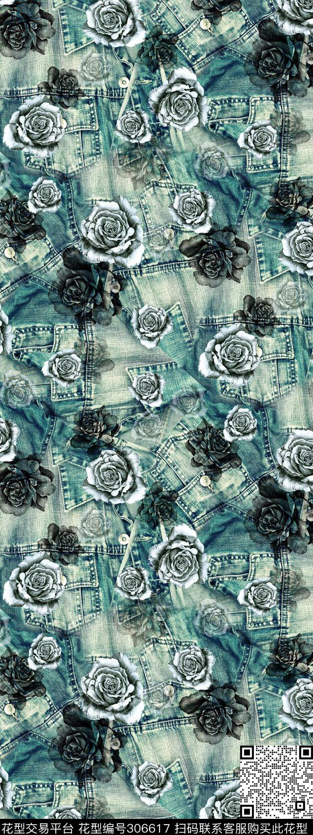 手绘描花牛仔布肌理复古数码印花华亿平台下载（图片编号: 306617） - 瓦栏（Walan）