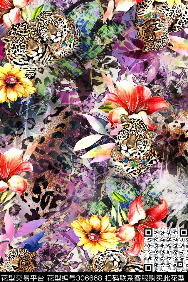 油画花卉豹纹抽象数码印花华亿平台下载（图片编号: 306668） - 瓦栏（Walan）