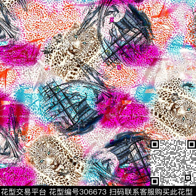 手绘船豹纹炫彩拼接数码印花华亿平台下载（图片编号: 306673） - 瓦栏（Walan）