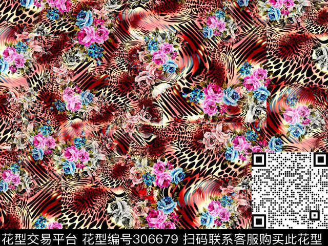 豹纹斑马纹花卉数码印花华亿平台下载（图片编号: 306679） - 瓦栏（Walan）