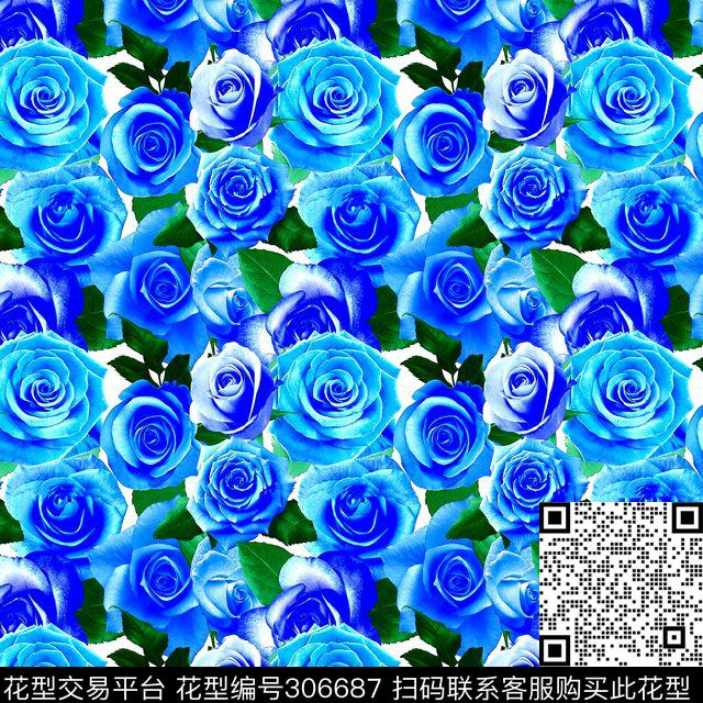花卉蓝色妖姬平铺排列数码印花华亿平台下载（图片编号: 306687） - 瓦栏（Walan）
