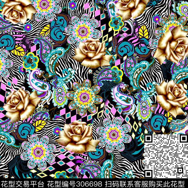 佩斯利涡旋纹豹纹花卉数码印花华亿平台下载（图片编号: 306698） - 瓦栏（Walan）