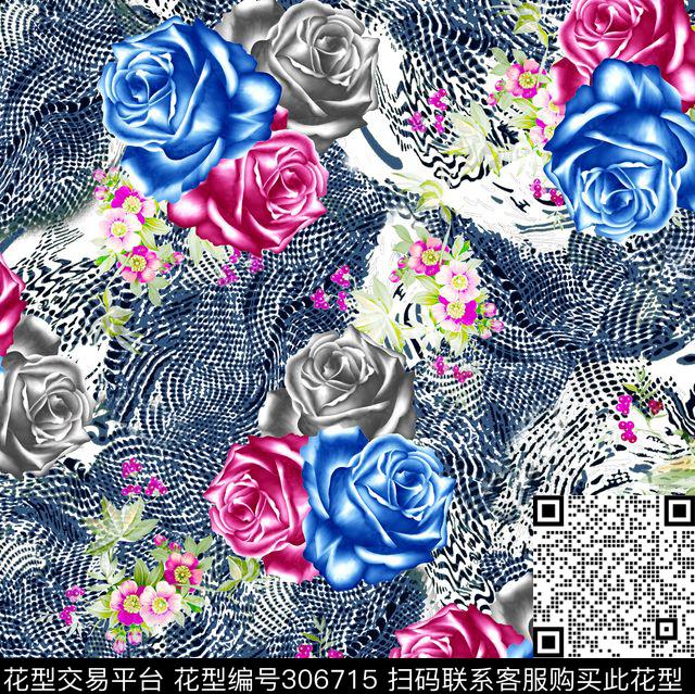 几何线条花卉多彩数码印花华亿平台下载（图片编号: 306715） - 瓦栏（Walan）