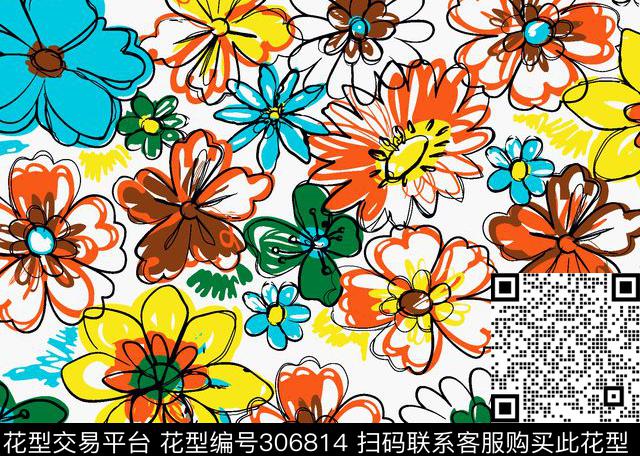 手绘水彩花卉涂鸦风撞色传统印花华亿平台下载（图片编号: 306814） - 瓦栏（Walan）