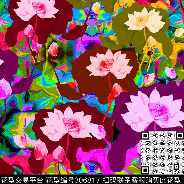 手绘水彩花卉撞色抽象色块传统印花华亿平台下载（图片编号: 306817） - 瓦栏（Walan）