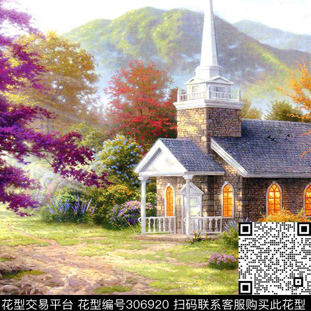 油画风景建筑教堂秋色数码印花华亿平台下载（图片编号: 306920） - 瓦栏（Walan）