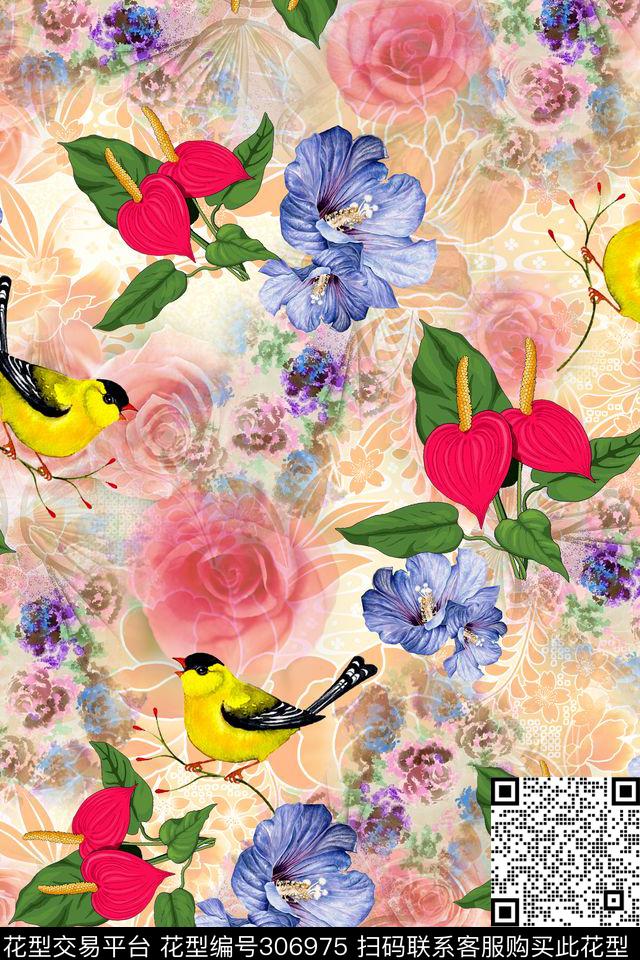 油画花卉花鸟晕染数码印花华亿平台下载（图片编号: 306975） - 瓦栏（Walan）