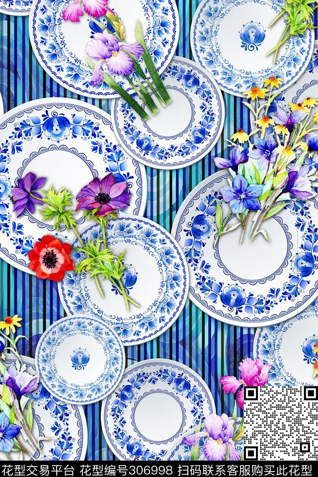 竖条纹欧式青花瓷盘花卉数码印花华亿平台下载（图片编号: 306998） - 瓦栏（Walan）